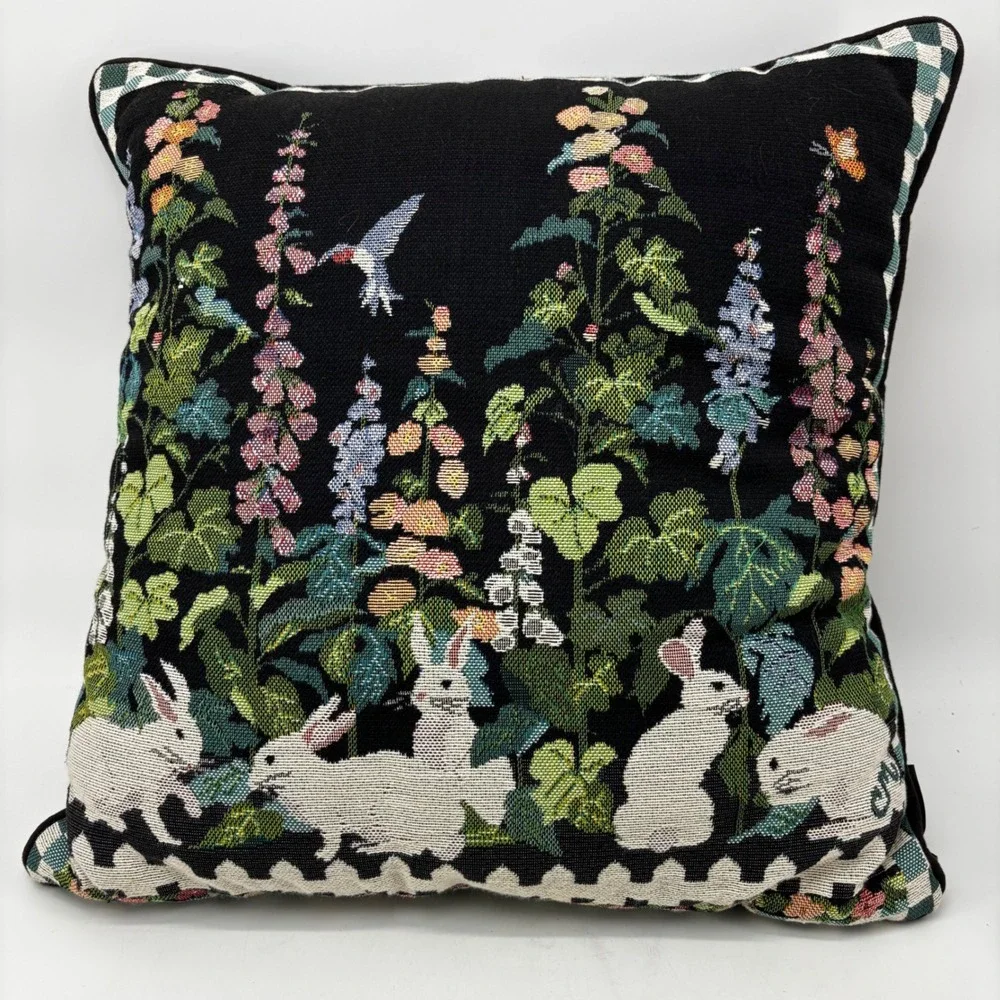 Claire Murray Woven Tapestry Rabbit Hummingbird Garden Throw Pillow 16x16 Black